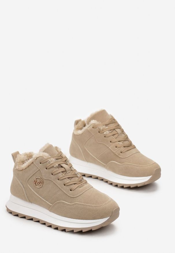 Renee - Ciemnobeżowe Ocieplane Sneakersy na Platformie Appopis. Okazja: na co dzień. Kolor: beżowy. Materiał: jeans. Obcas: na platformie
