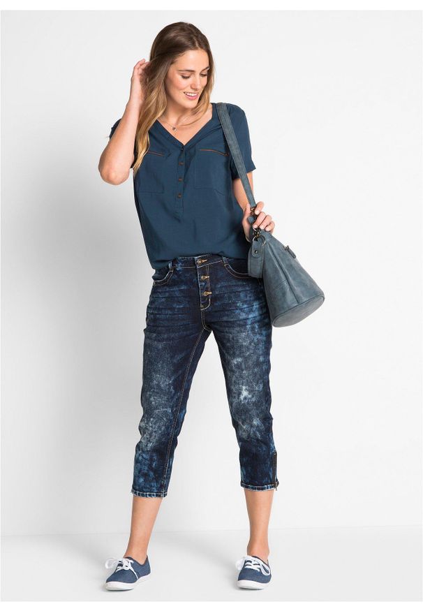 bonprix - Bluzka z wiskozy, krótki rękaw. Typ kołnierza: dekolt w serek. Kolor: niebieski. Materiał: wiskoza. Długość rękawa: krótki rękaw. Długość: krótkie