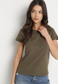 Born2be - Ciemnozielony Bawełniany Klasyczny T-shirt Lunolia. Okazja: na co dzień. Kolor: zielony. Materiał: bawełna. Wzór: gładki. Styl: klasyczny #3