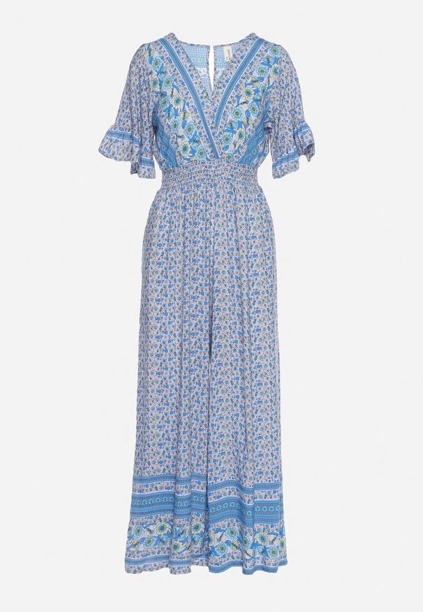 Born2be - Niebieski Bawełniany Kombinezon z Gumkami w Pasie i Kopertowym Dekoltem Zapinany z Tyłu na Guziki Lorrania. Okazja: na co dzień. Kolor: niebieski. Materiał: bawełna. Długość rękawa: krótki rękaw. Długość: krótkie. Styl: elegancki, casual, wizytowy