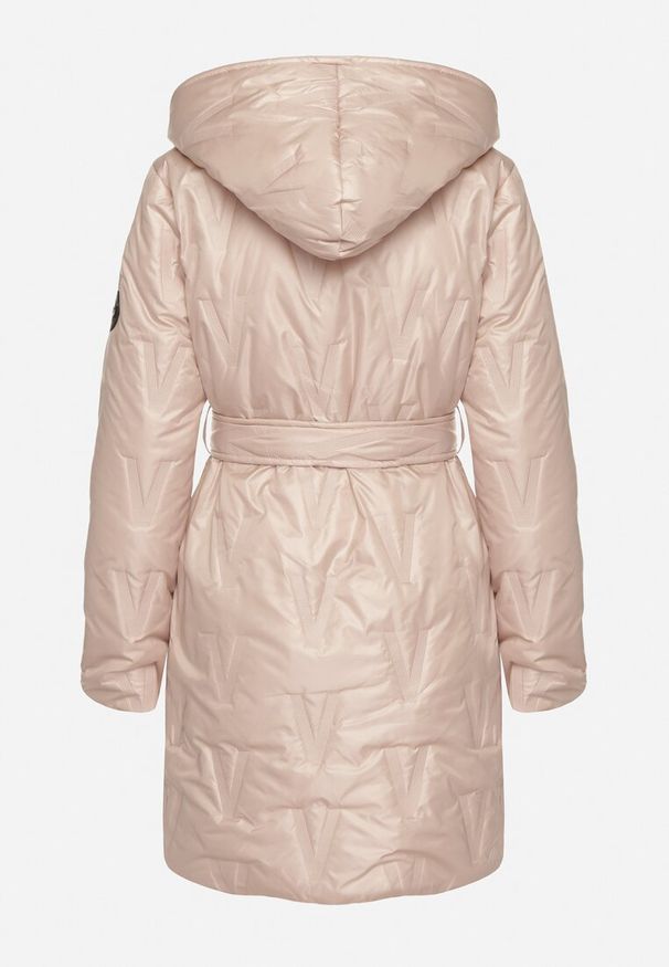 Born2be - Złoto-Różowa Kurtka z Pikowanymi Przeszyciami Kapturem i Wiązanym Paskiem Erlexie. Okazja: do pracy, na spacer, na co dzień, na spotkanie biznesowe. Kolor: złoty. Materiał: dzianina, jeans. Styl: casual, klasyczny, biznesowy