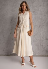 Renee - Beżowy Komplet z Bawełny Kamizelka i Spódnica o Rozkloszowanym Kroju Movenae. Kolor: beżowy. Materiał: bawełna. Wzór: geometria #5