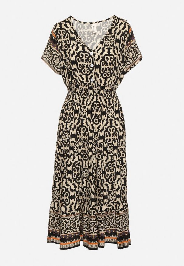 Born2be - Czarna Bawełniana Sukienka z Guzikami i Ornamentnym Wzorem Zisselle. Kolor: czarny. Materiał: bawełna