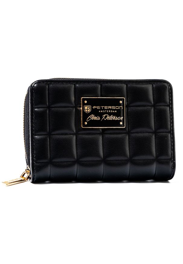 Pikowany, czarny portfel damski ze skóry ekologicznej zamykany na zatrzask i suwak - Peterson. Kolor: czarny. Materiał: skóra ekologiczna