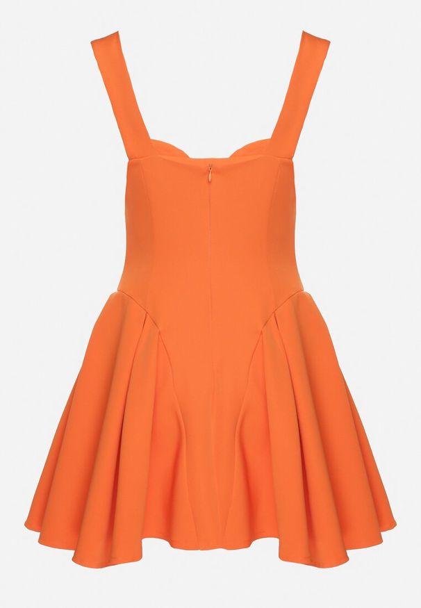 Born2be - Pomarańczowa Rozkloszowana Sukienka z Gorsetową Górą i Dekoltem w Serce Frolami. Okazja: na co dzień. Typ kołnierza: dekolt gorset. Kolor: pomarańczowy. Typ sukienki: gorsetowe. Styl: casual