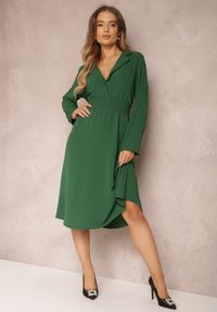 Renee - Zielona Koszulowa Sukienka Midi z Gumką w Pasie Natelin. Kolor: zielony. Typ sukienki: koszulowe. Styl: elegancki. Długość: midi