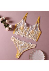 Intica - Koronkowy komplet bielizny push-up ze stringami Alheide. Kolor: żółty. Materiał: koronka. Długość: długie. Wzór: koronka