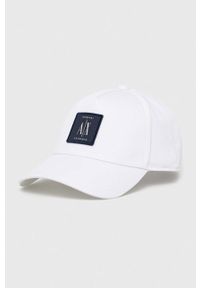 Armani Exchange czapka z daszkiem bawełniana kolor biały z aplikacją. Kolor: biały. Materiał: bawełna. Wzór: aplikacja #1