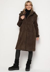 Born2be - Zielony Futrzany Płaszcz z Dzianinowymi Rękawami Ravienna. Okazja: na co dzień. Kolor: zielony. Materiał: dzianina, futro. Styl: casual, elegancki #2