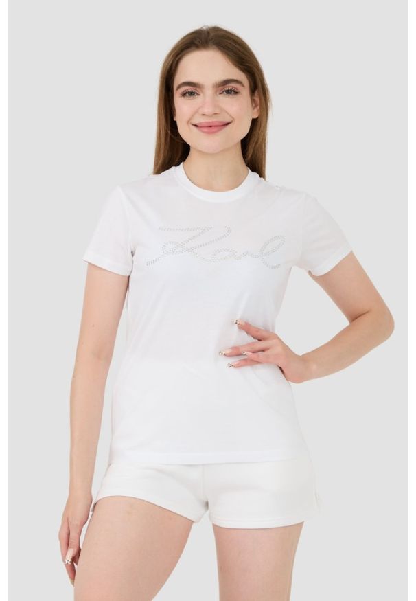 Karl Lagerfeld - KARL LAGERFELD Biały damski t-shirt Rhinestone Logo, Rozmiar L. Kolor: biały