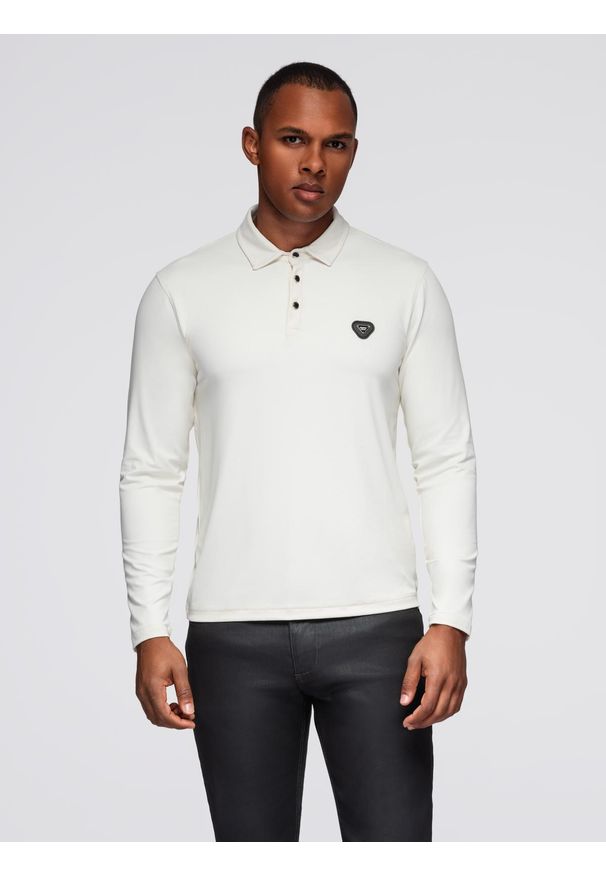 Ombre Clothing - Koszulka polo z długim rękawem zapinana na eleganckie, brandowane guziki – kremowa V2 - Rozmiar: XXL. Okazja: na co dzień. Typ kołnierza: polo. Kolor: kremowy. Materiał: elastan, nylon, dzianina, skóra. Długość rękawa: długi rękaw. Długość: długie. Styl: elegancki