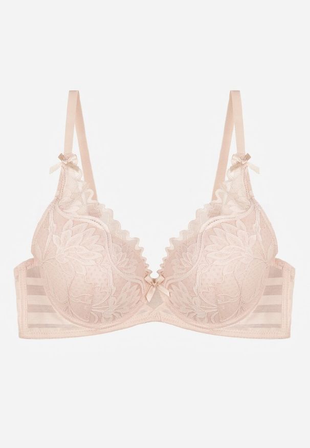 Born2be - Jasnoróżowy Koronkowy Biustonosz z Ozdobnymi Kokardkami na Ramiączkach Aeleolopei. Kolor: różowy. Materiał: koronka. Wzór: aplikacja, koronka