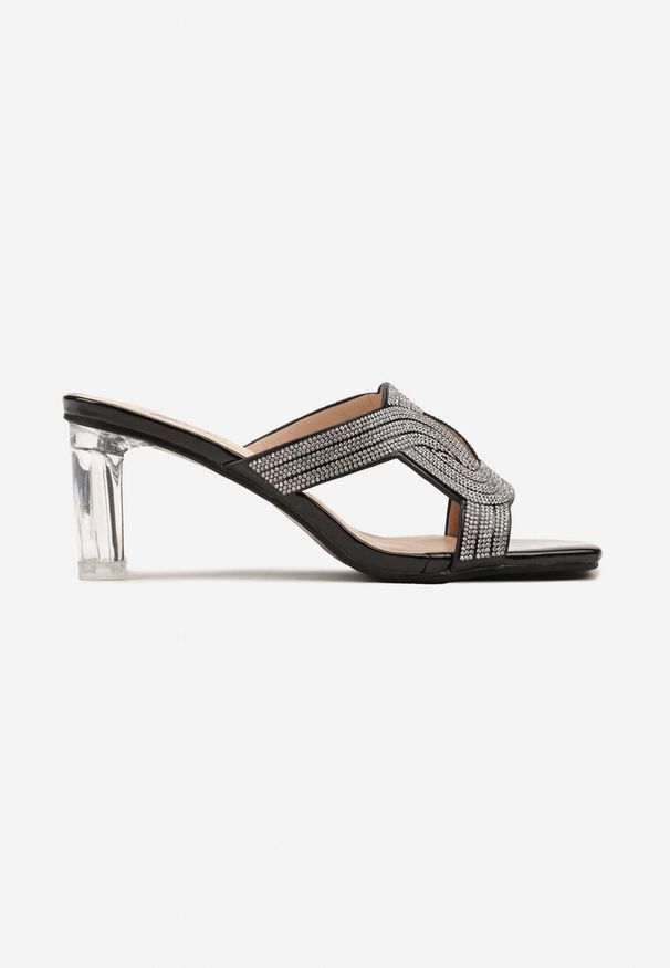 Renee - Czarne Klapki z Transparentnym Słupkiem i Cyrkoniami Valmara. Kolor: czarny. Materiał: jeans. Obcas: na słupku. Styl: elegancki