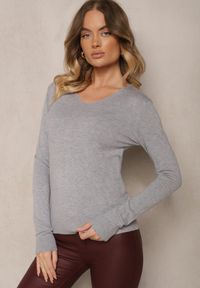 Renee - Szary Sweter z Bawełną i Trójkątnym Dekoltem Eulinevia. Okazja: na co dzień, na spotkanie biznesowe. Kolor: szary. Materiał: bawełna. Wzór: aplikacja. Styl: biznesowy, casual