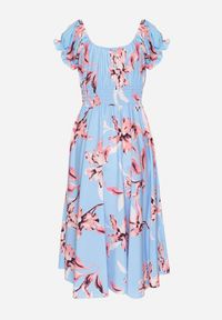 Born2be - Niebieska Sukienka w Kwiaty z Dekoltem Łódką z Bawełną o Rozkloszowanym Kroju Annilva. Okazja: na spacer, na imprezę, na co dzień. Typ kołnierza: dekolt w łódkę. Kolor: niebieski. Materiał: bawełna. Długość rękawa: krótki rękaw. Wzór: kwiaty. Sezon: wiosna, lato. Styl: klasyczny, casual, elegancki #2