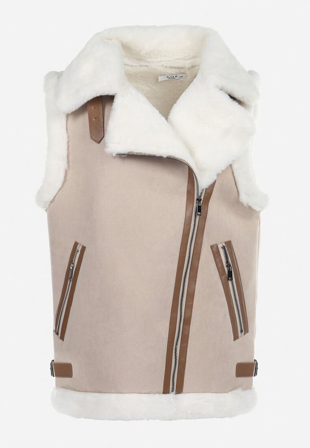 Born2be - Beżowa Kamizelka Bezrękawnik w Stylu Biker z Ekozamszu z Futerkiem Terone. Kolor: beżowy. Materiał: futro. Długość rękawa: bez rękawów. Wzór: aplikacja