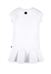 PHILIPP PLEIN KIDS - Biała sukienka z kolorowym logo 4-14 lat. Kolor: biały. Materiał: bawełna. Długość rękawa: krótki rękaw. Wzór: kolorowy. Sezon: lato. Styl: klasyczny