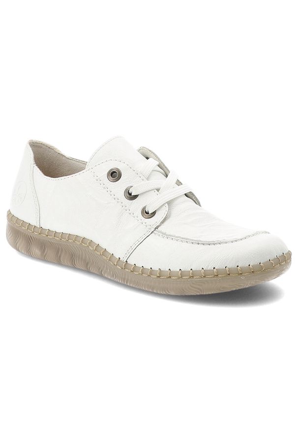 Półbuty damskie Rieker, skórzana cholewka z naturalnej skóry klasyczna niska forma z wiązaniem elastyczna lekka podeszwa wygodny model do codziennego. Okazja: na co dzień. Zapięcie: sznurówki. Kolor: biały. Materiał: skóra. Szerokość cholewki: normalna. Sezon: wiosna, lato. Styl: casual, klasyczny