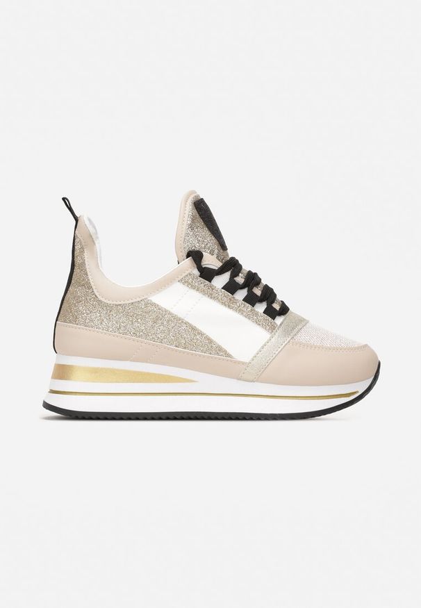 Born2be - Beżowe Sznurowane Sneakersy na Płaskiej Grubej Podeszwie z Brokatem Reyrel. Nosek buta: okrągły. Kolor: beżowy. Materiał: materiał. Wzór: aplikacja. Obcas: na płaskiej podeszwie