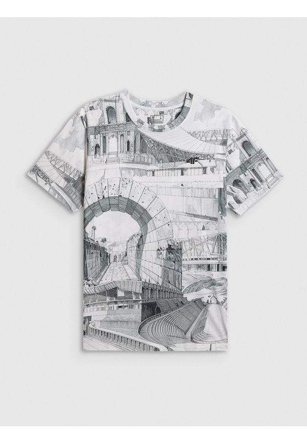 4f - 4F T-shirt regular z nadrukiem męski - czarno-biały L. Okazja: na co dzień. Kolor: wielokolorowy. Materiał: materiał. Wzór: nadruk. Styl: casual