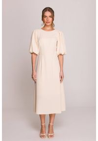Stylove - Elegancka sukienka koktajlowa z bufiastymi rękawami kremowa. Okazja: na imprezę, na wesele, na ślub cywilny. Kolor: kremowy. Materiał: elastan, materiał. Długość rękawa: krótki rękaw. Sezon: lato. Typ sukienki: rozkloszowane. Styl: wizytowy, elegancki. Długość: midi #6