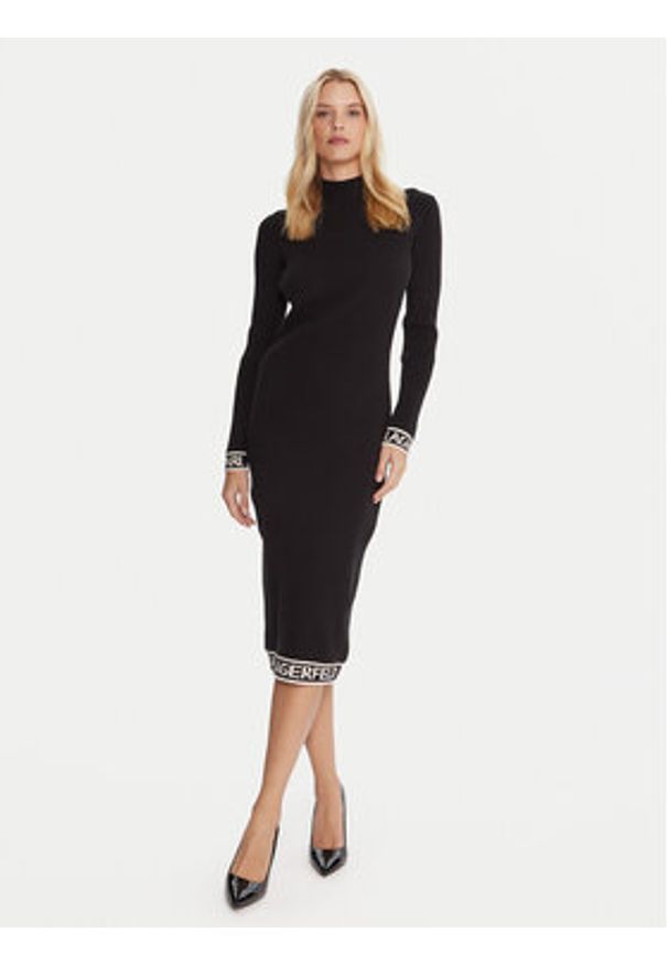 Karl Lagerfeld - KARL LAGERFELD Sukienka dzianinowa A4W13028 Czarny Slim Fit. Typ kołnierza: dekolt w karo. Kolor: czarny. Materiał: bawełna