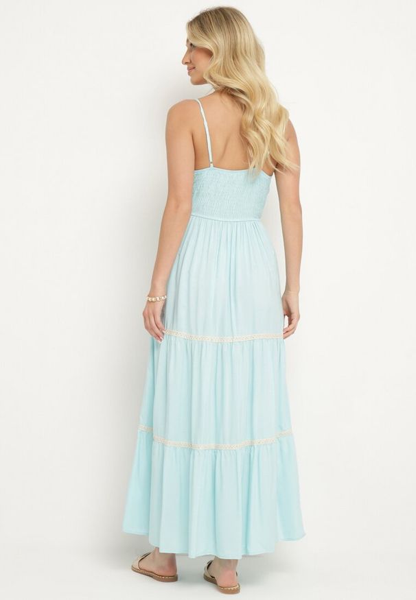 Born2be - Jasnoniebieska Sukienka na Ramiączkach z Gumką w Pasie Zapinana na Guziki z Falbanką i Haftem Tiamavita. Kolor: niebieski. Długość rękawa: na ramiączkach. Wzór: haft. Sezon: lato