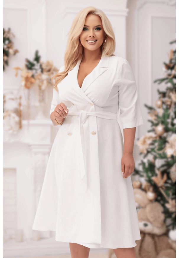 Moda Size Plus Iwanek - Elegancka żakietowa sukienka Marietta w kolorze ecru XXL OVERSIZE WIOSNA. Okazja: na co dzień, na spotkanie biznesowe. Materiał: poliester, materiał, elastan, tkanina. Sezon: wiosna. Typ sukienki: oversize. Styl: elegancki