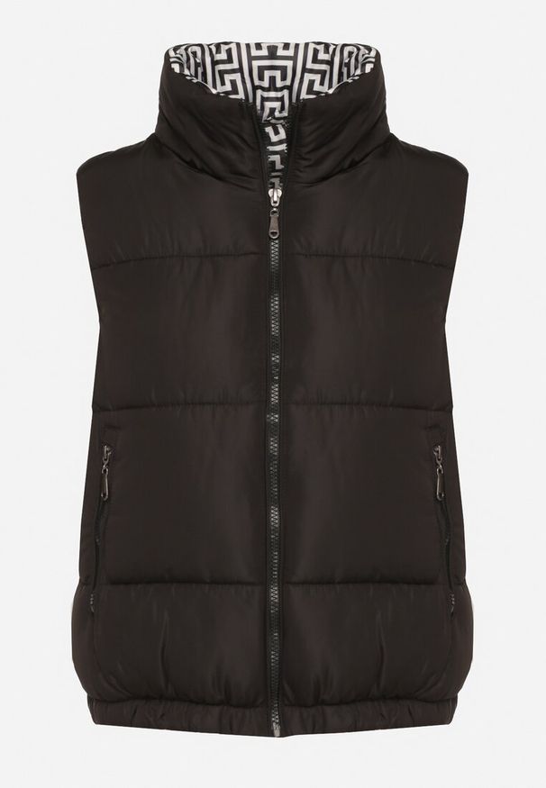 Born2be - Czarna Pikowana Kamizelka z Ozdobną Podszewką Olianela. Okazja: na co dzień, na spacer. Kolor: czarny. Materiał: jeans. Wzór: aplikacja. Styl: elegancki, casual