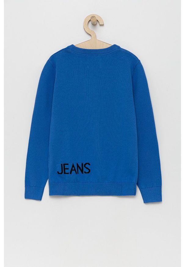 Calvin Klein Jeans Sweter bawełniany dziecięcy lekki. Okazja: na co dzień. Kolor: niebieski. Materiał: bawełna. Wzór: nadruk. Styl: casual