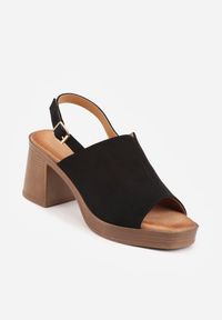 Renee - Czarne Sandały VICES na Słupku i Platformie Stylizowanych na Drewniane Lobenti. Zapięcie: sprzączka. Kolor: czarny. Materiał: jeans. Sezon: lato. Obcas: na platformie #9