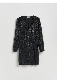 Reserved - Cekinowa sukienka mini - czarny. Kolor: czarny. Materiał: tkanina. Typ sukienki: proste. Długość: mini