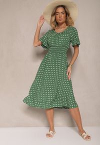 Renee - Zielona Bawełniana Sukienka o Rozkloszowanym Fasonie w Kropki Tolimirae. Okazja: na co dzień. Kolor: zielony. Materiał: bawełna. Długość rękawa: krótki rękaw. Wzór: kropki. Sezon: lato. Typ sukienki: rozkloszowane. Styl: casual
