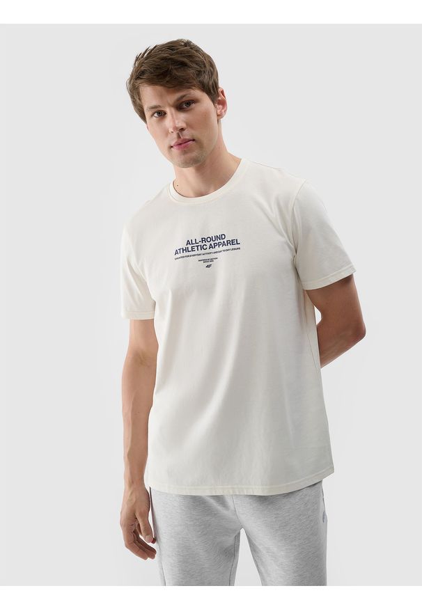 4f - 4F T-shirt z nadrukiem męski - beżowy L. Okazja: na co dzień. Kolor: beżowy. Materiał: bawełna, jersey, dzianina. Długość rękawa: krótki rękaw. Długość: krótkie. Wzór: nadruk. Styl: sportowy, casual