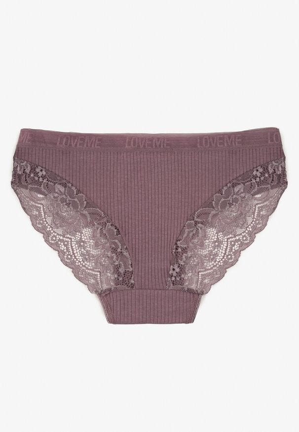 Born2be - Ciemnofioletowe Prążkowane Majtki Figi z Bawełny Zdobione Koronką Erwelia. Kolor: fioletowy. Materiał: bawełna, prążkowany, koronka. Wzór: aplikacja, koronka