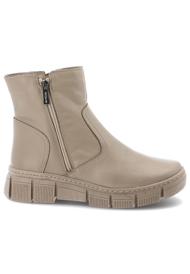 Beżowe Botki Wasak Ocieplane Buty Damskie. Okazja: na co dzień. Kolor: beżowy. Materiał: wełna, skóra. Wzór: grochy. Sezon: zima, jesień. Styl: casual