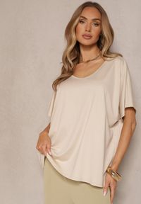 Renee - Beżowy T-shirt z Wiskozą w Stylu Nietoperza Liofala. Okazja: na co dzień. Kolor: beżowy. Materiał: wiskoza. Styl: casual, elegancki