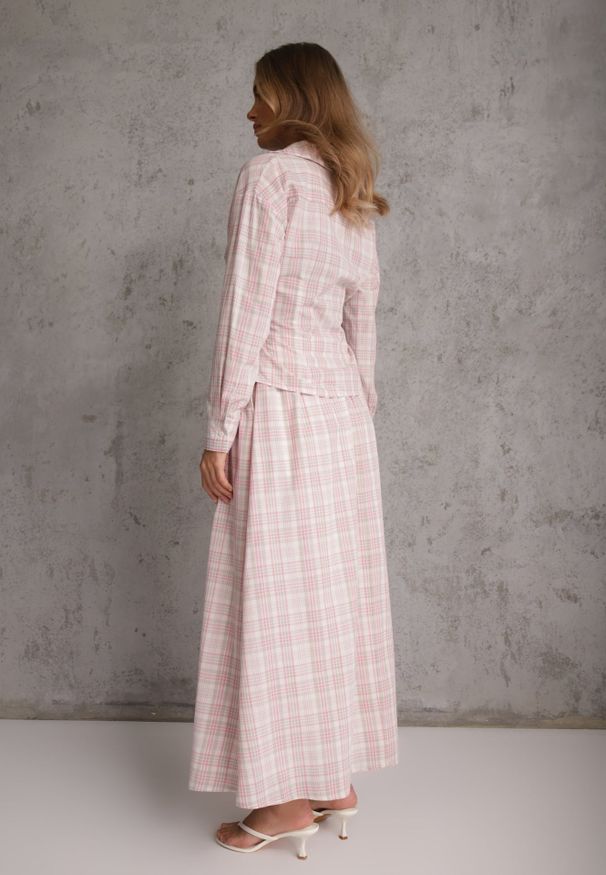 Renee - Różowy Bawełniany Komplet w Kratę Rozkloszowana Spódnica i Bluzka z Wiązaniem Allisa. Kolor: różowy. Materiał: bawełna. Wzór: kratka