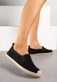 Renee - Czarne Espadryle ze Zdobieniami z Plecionki i Elastycznymi Wstawkami Nitaziela. Okazja: na co dzień. Kolor: czarny. Materiał: jeans. Wzór: aplikacja. Styl: elegancki, casual