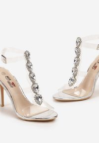 Renee - Srebrne Transparentne Sandały na Szpilce Ozdobione Cyrkoniami Iselar. Kolor: srebrny. Wzór: aplikacja. Obcas: na szpilce #4