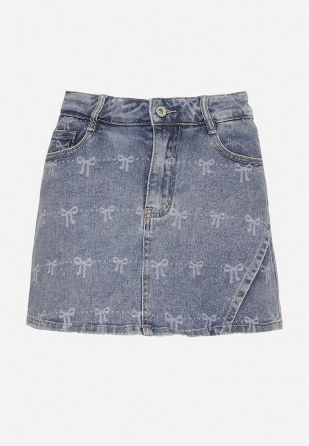 Born2be - Niebieskie Spódnico-Szorty Jeansowe we Wzór z Kokardkami Milereia. Okazja: na co dzień. Kolor: niebieski. Materiał: jeans. Wzór: ażurowy. Styl: klasyczny, elegancki, casual