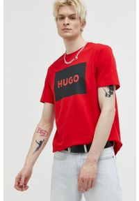 Hugo - HUGO t-shirt bawełniany kolor różowy z nadrukiem. Kolor: czerwony. Materiał: bawełna. Wzór: nadruk