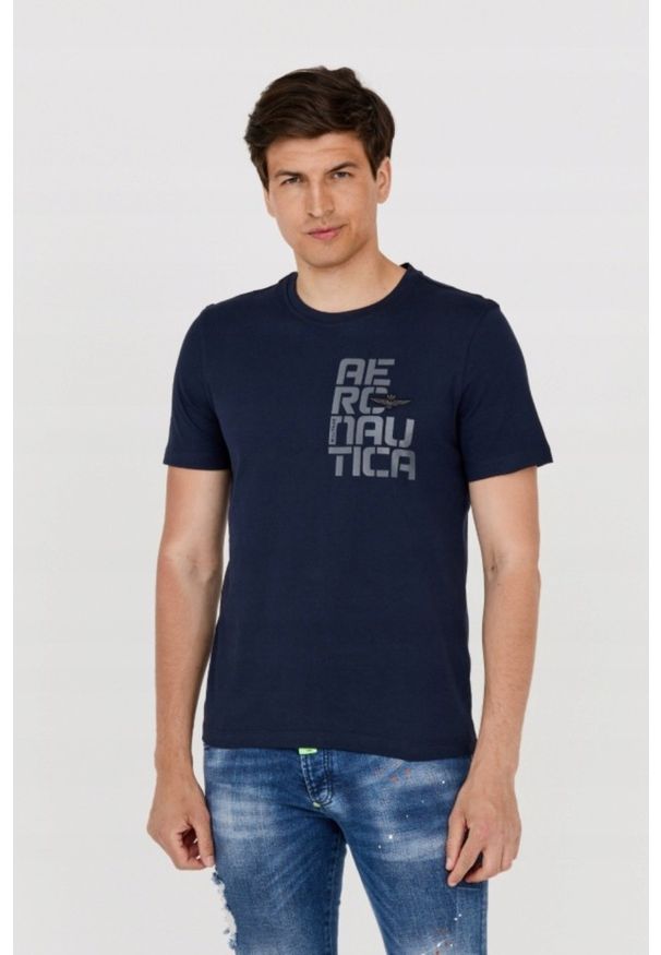 Aeronautica Militare - AERONAUTICA MILITARE Granatowy bawełniany t-shirt męski, Rozmiar L. Kolor: niebieski. Materiał: bawełna. Długość rękawa: krótki rękaw. Długość: krótkie. Wzór: haft