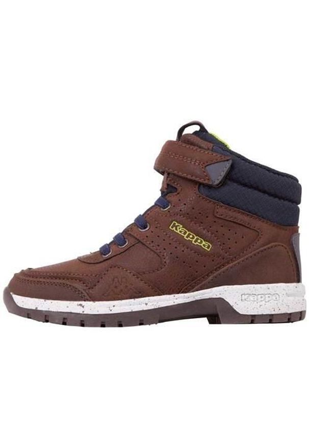 Buty do chodzenia dla dzieci Kappa Lithium K. Wysokość cholewki: za kostkę. Zapięcie: rzepy. Kolor: brązowy, niebieski, wielokolorowy. Materiał: syntetyk, tkanina, materiał. Szerokość cholewki: normalna. Sport: turystyka piesza