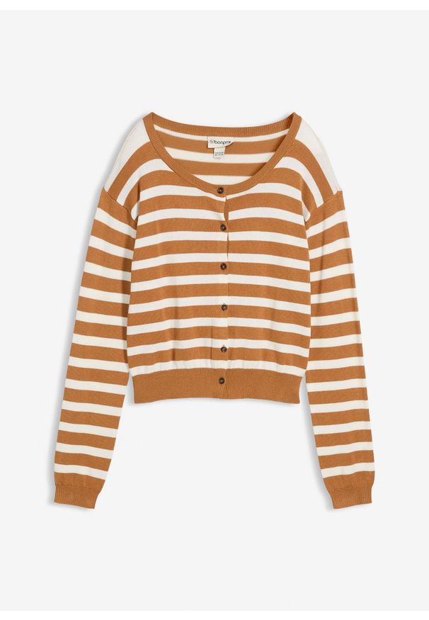 bonprix - Sweter rozpinany z dzianiny o splocie drobnych oczek z miękkiej mieszanki wiskozy. Kolor: brązowy. Materiał: dzianina, wiskoza. Długość: krótkie. Wzór: ze splotem