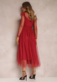 Renee - Bordowa Sukienka z Koronką i Tiulem Welvia. Kolor: czerwony. Materiał: tiul, koronka. Wzór: koronka