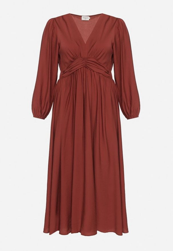 Born2be - Bordowa Rozkloszowana Sukienka z Marszczeniem i Gumką w Pasie Fedorna. Okazja: na co dzień. Kolekcja: plus size. Kolor: czerwony. Typ sukienki: dla puszystych. Styl: casual, elegancki
