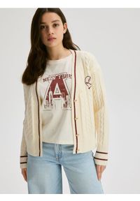 Reserved - Kardigan z kontrastowymi wstawkami - kremowy. Kolor: kremowy. Materiał: dzianina #1