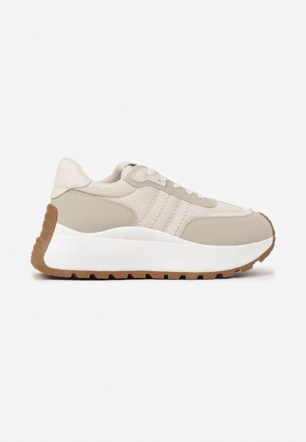 Born2be - Beżowe Sneakersy Vices na Grubej Podeszwie Ozdobione Paskami Seloriel. Okazja: na co dzień. Zapięcie: pasek. Kolor: beżowy. Wzór: aplikacja