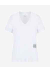 Armani Exchange - ARMANI EXCHANGE - Biały bawełniany T-shirt w serek. Typ kołnierza: dekolt w serek. Kolor: biały. Materiał: bawełna. Wzór: aplikacja #5